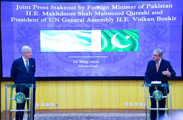 وزیر خارجہ شاہ محمود قریشی کا اقوام متحدہ کی جنرل اسمبلی کے صدر والکن بوزکیر کے ہمراہ مشترکہ پریس کانفرنس سے خطاب