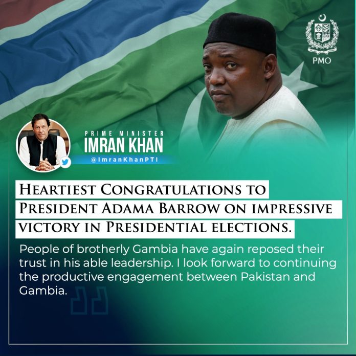 وزیراعظم عمران خان کی گیمبیا کے صدر اداما بیرو کو صدارتی انتخابات میں متاثر کن کامیابی حاصل کرنے پرمبارکباد