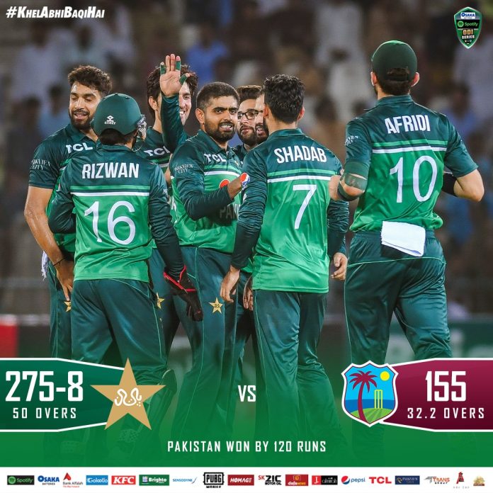 پاکستان نے کالی آندھی کو دوسرے ون ڈے میچ میں با آسانی 120رنز سے ہرا دیا، گرین شرٹس کو تین میچوں کی سیریز میں 0-2کی فیصلہ کن برتری حاصل،نواز میچ کے بہترین کھلاڑی قرار