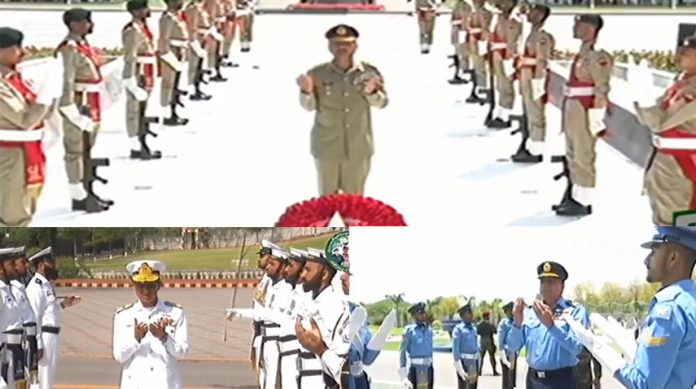 پاک فوج کے جنرل ہیڈ کوارٹر میں یوم تکریم شہدا پاکستان کی مرکزی تقریب ، مہمانِ خصوصی آرمی چیف جنرل عاصم منیر نے یادگارشہدا پر پھول چڑھائے