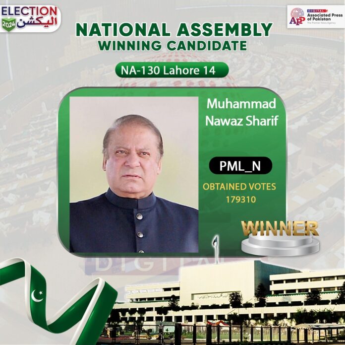 قومی اسمبلی کے حلقہ این اے130لاہور XIV سے سابق وزیراعظم اور پاکستان مسلم لیگ (ن) کے امیدوار محمد نواز شریف کامیاب