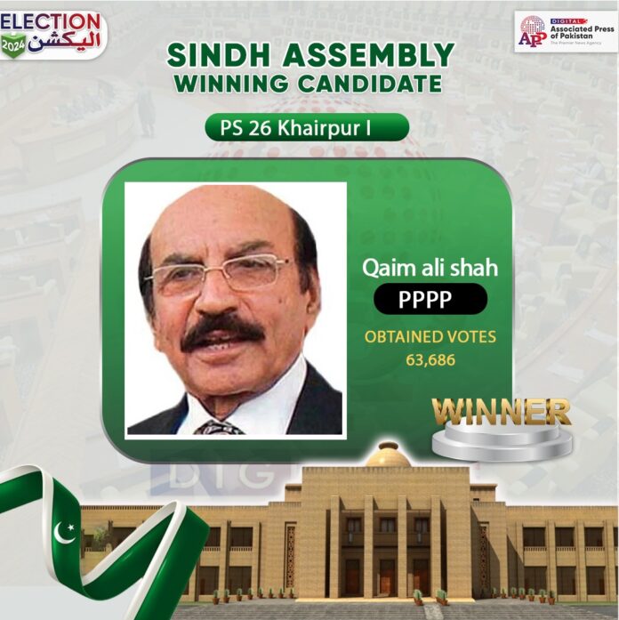 سندھ اسمبلی کے حلقہ پی ایس 26 ون خیبر پور ون سے پاکستان پیپلز پارٹی پارلیمنٹرین کے سید قائم علی شاہ کامیاب