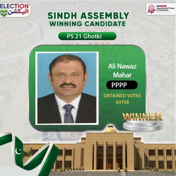 سندھ اسمبلی کے حلقہ پی ایس 21 گھوٹکی سے پاکستان پیپلز پارٹی پارلیمنٹرین کے امیدوار علی نواز خان مہر کامیاب