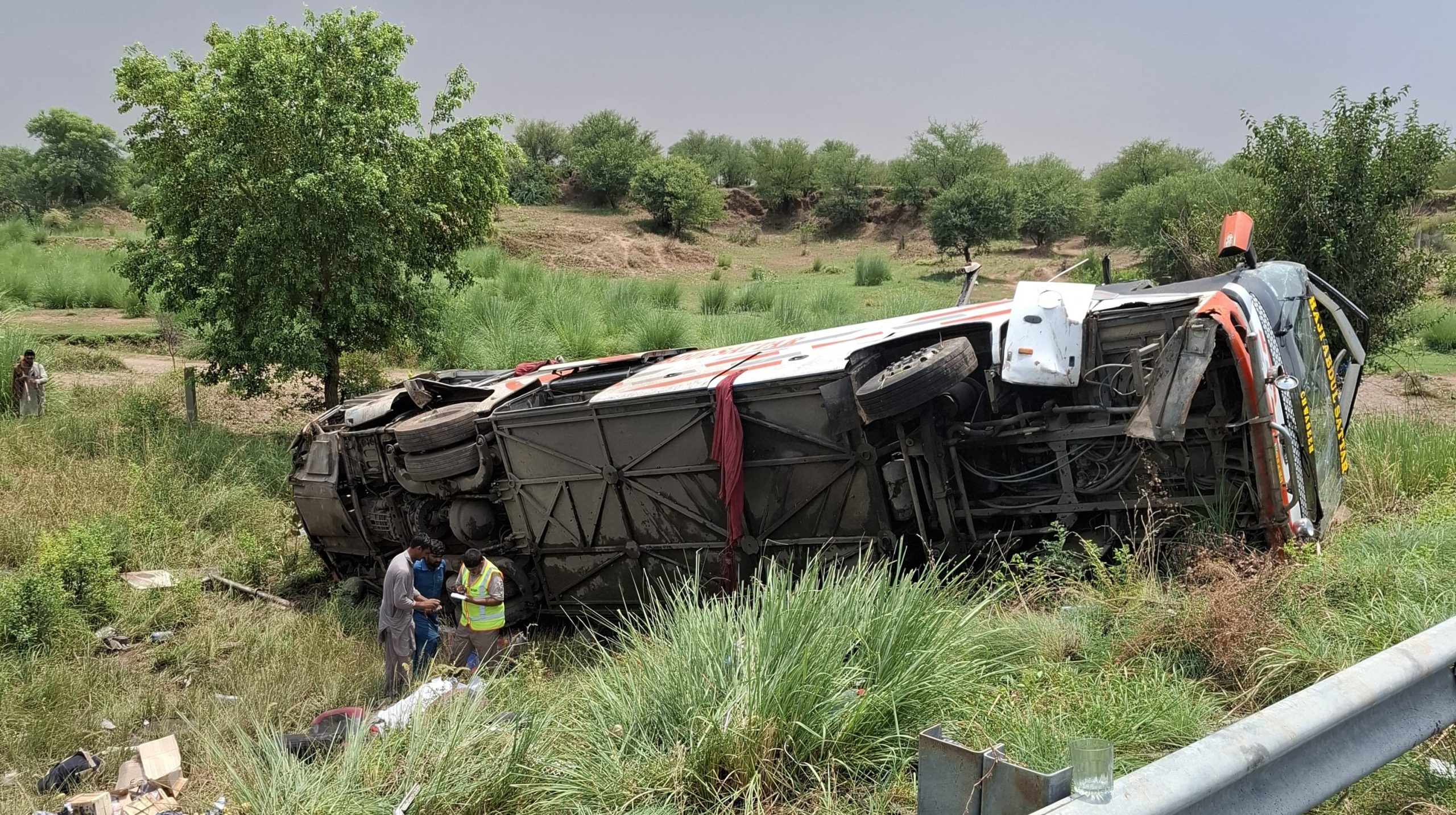 Passenger bus falls off road