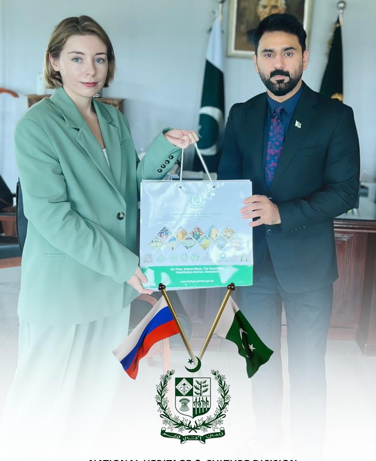روسی سفارتخانے کی ایجوکیشنل و کلچرل اتاشی علینا کولیسنیکووا کی وفاقی قومی ورثہ و ثقافت ڈویژن کے اعزازی مشیر سید عثمان طاہر سے ملاقات