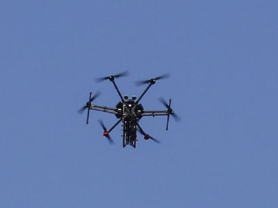 A picture taken on June 5, 2018 shows an Israeli quadcopter drone flying over Palestinian demonstrations near the border with Israel east of Khan Yunis in the southern Gaza . (Photo by Said KHATIB / AFP)        (Photo credit should read SAID KHATIB/AFP/Getty Images)