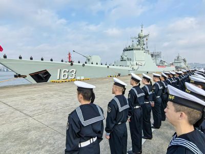 (240221) -- GUANGZHOU, Feb. 21, 2024 (Xinhua) -- The 46th fleet of the Chinese People's Liberation Army Navy sets sail from a military port in Zhanjiang, south China's Guangdong Province, Feb. 21, 2024. The 46th fleet of the Chinese People's Liberation Army (PLA) Navy on Wednesday set sail from a military port in the coastal city of Zhanjiang in south China's Guangdong Province to take over an escort mission from the 45th naval fleet in the Gulf of Aden and the waters off Somalia. (Photo by Yang Jie/Xinhua)