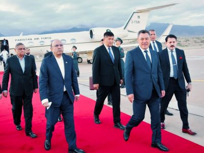 Cholpon-Ata: July 6, 2026: President Asif Ali Zardari being received by President of the Kyrgyz Republic Sadyr Japarov upon his arrival at Issyk-Kul International Airport.