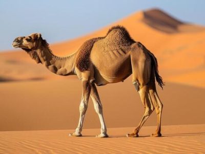 camel-standing-in-a-desert-landscape-sand-dunes-and-clear-sky-free-photo