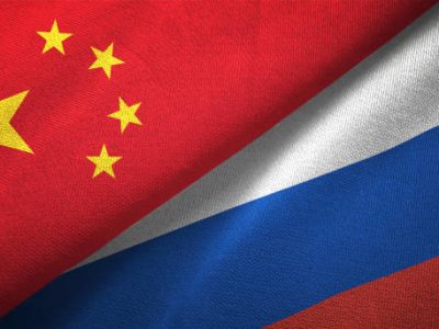 Russia and China flag together realtions textile cloth fabric texture